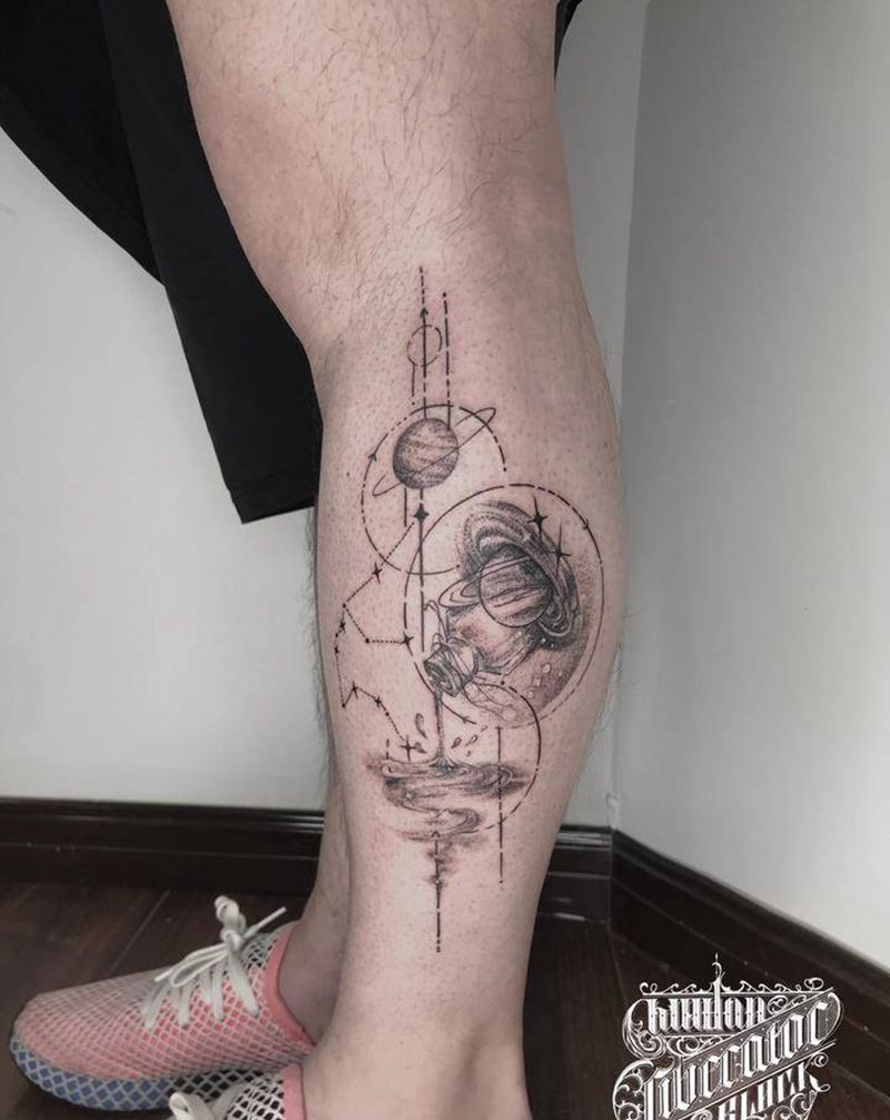 水瓶座纹身图片_腿部点刺水瓶座纹身图案