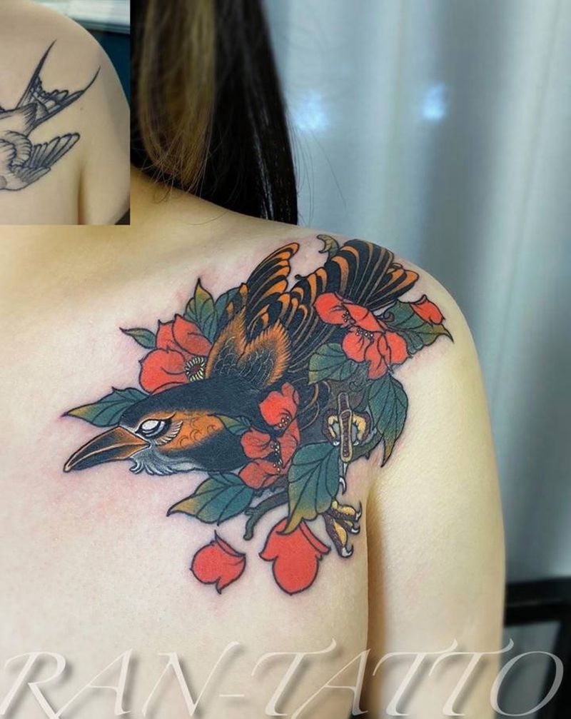 旧图遮盖 遮盖肩头燕纹身图片_肩部胸部New School新传统乌鸦樱花遮盖纹身图案