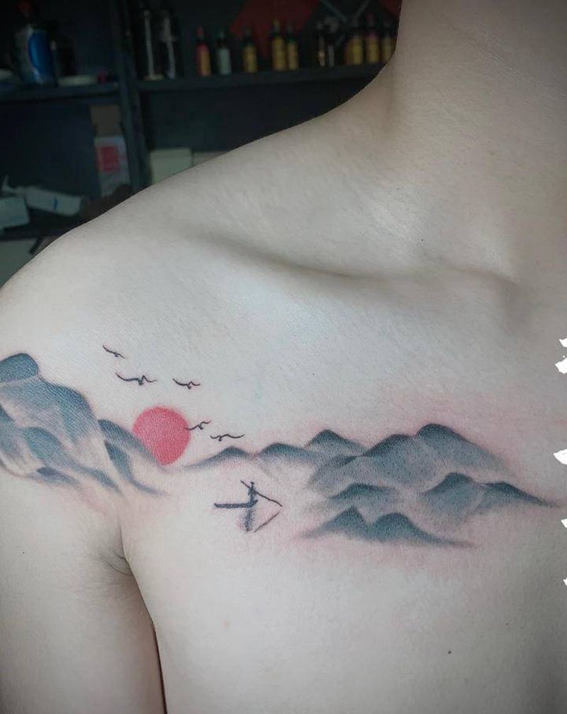 水墨山纹身图片_水墨纹身图案