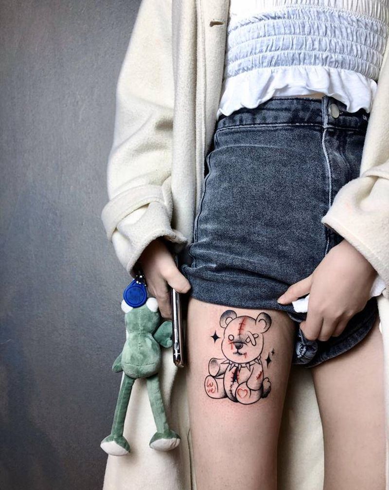 暗黑小熊纹身图片_腿部Old School纹身图案