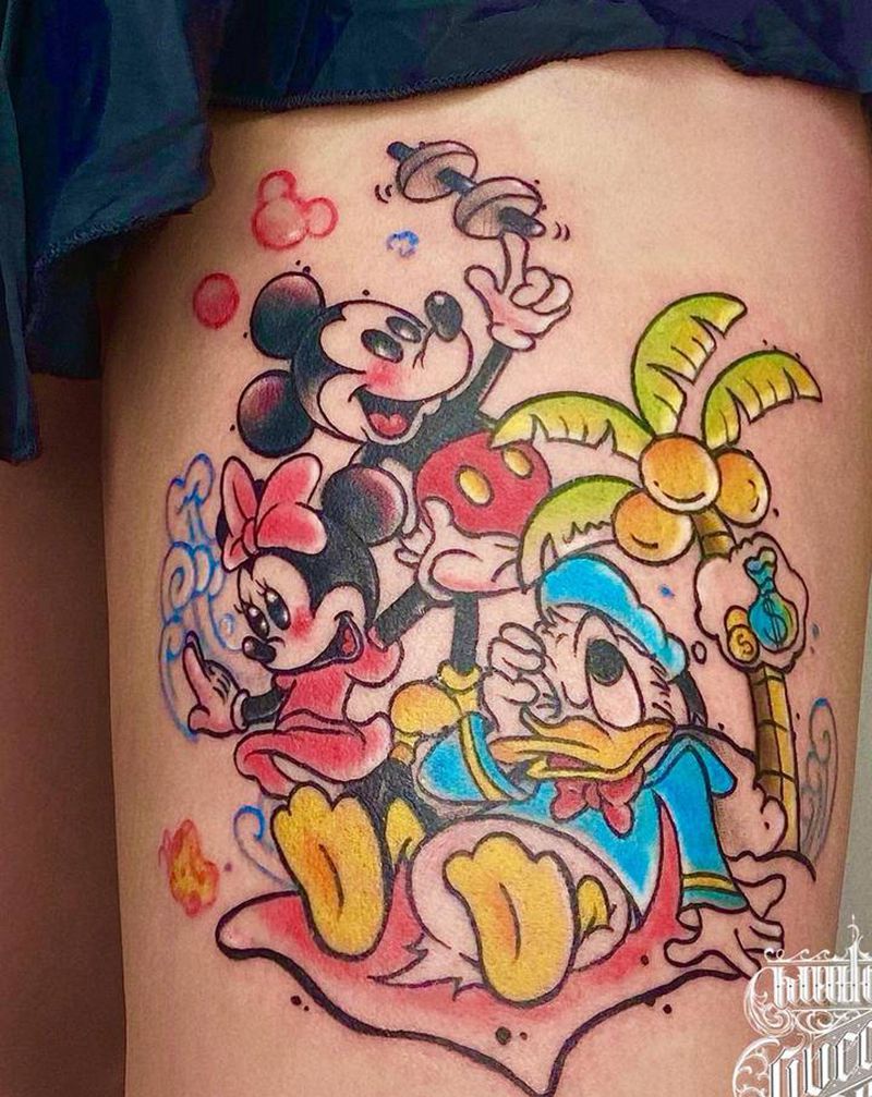 迪士尼夏日限定纹身图片_腿部New School唐老鸭米老鼠纹身图案