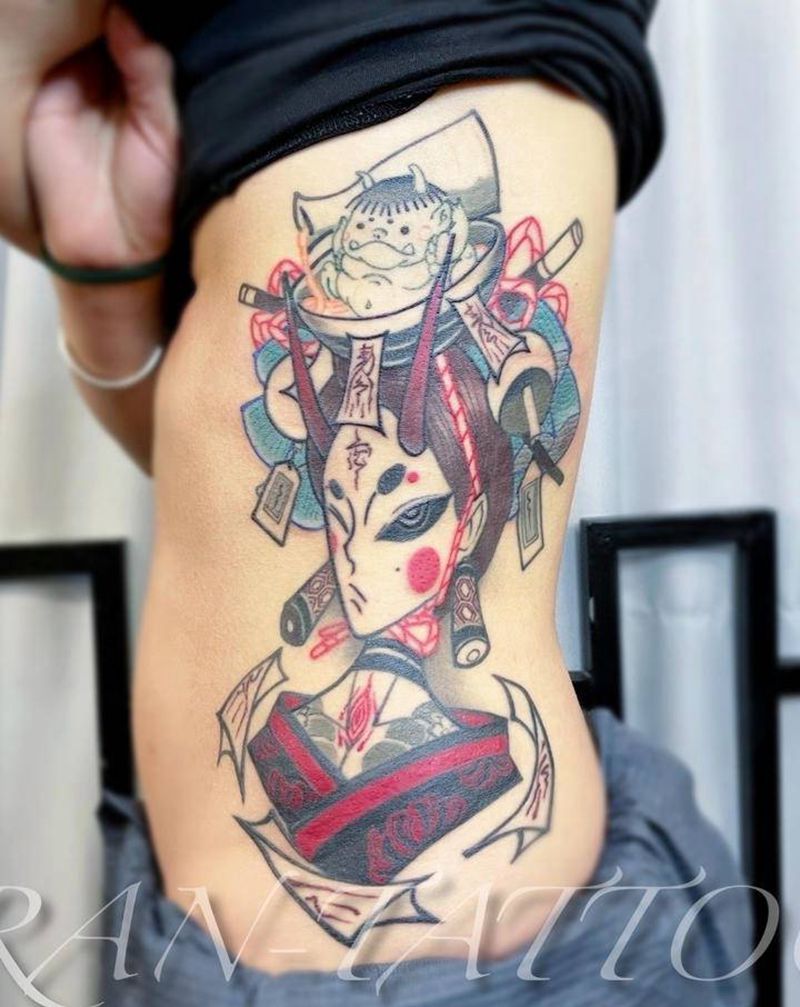 侧腰原创孟婆纹身图片_腹部腰部New School新传统孟婆酒小怪兽纹身图案