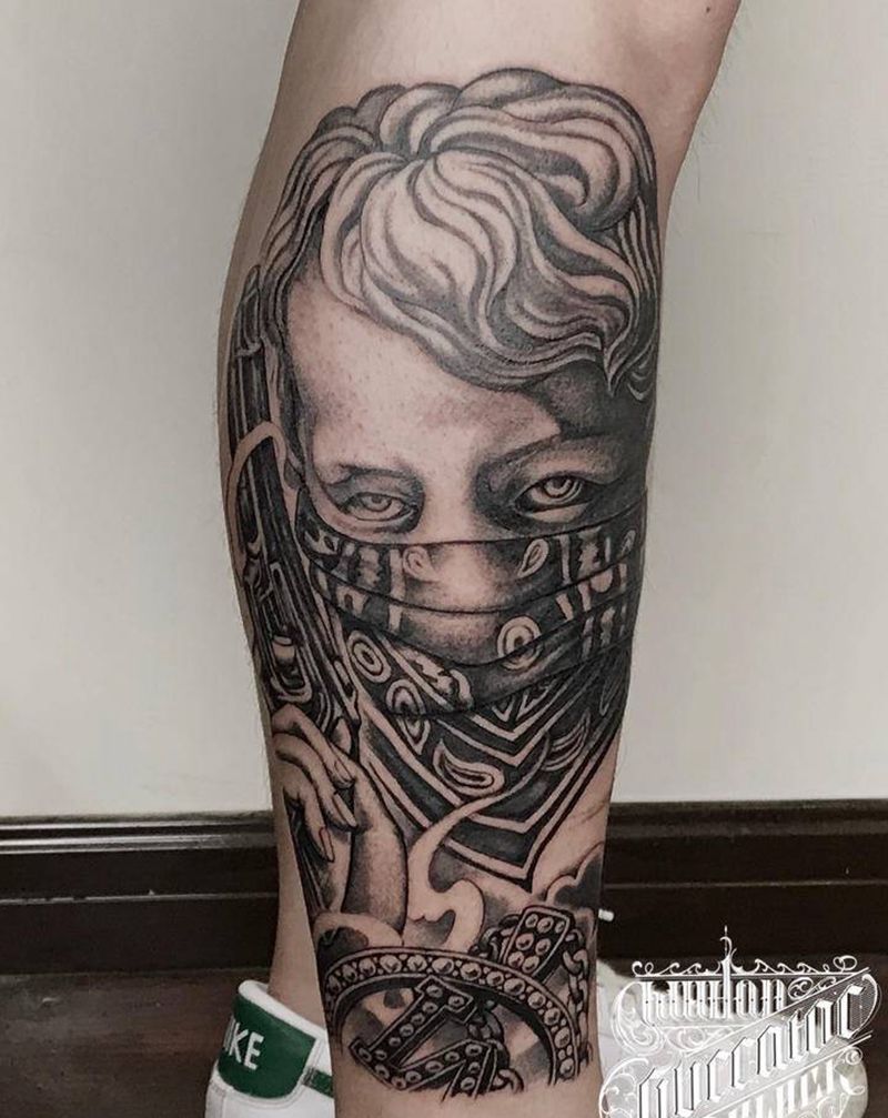 墨西哥黑灰纹身图片_腿部欧美写实腰果花纹身图案