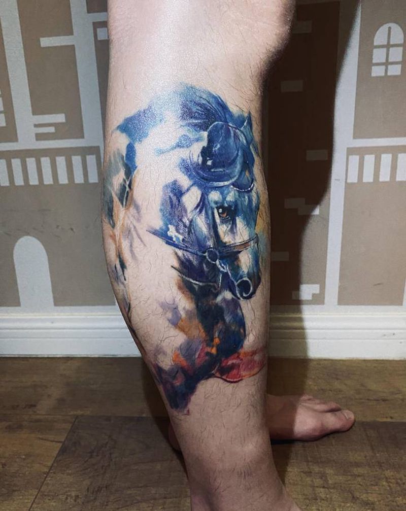 马纹身图片_腿部脚部欧美写实水彩纹身图案