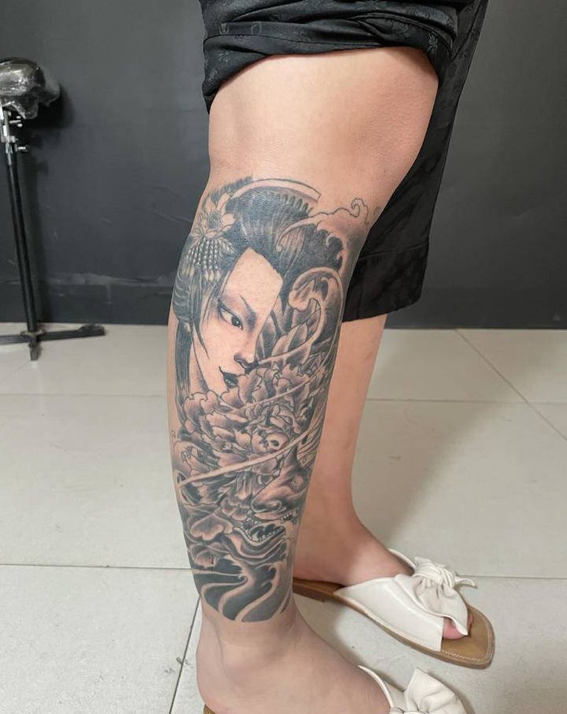 般若艺伎纹身图片_腿部新传统纹身图案