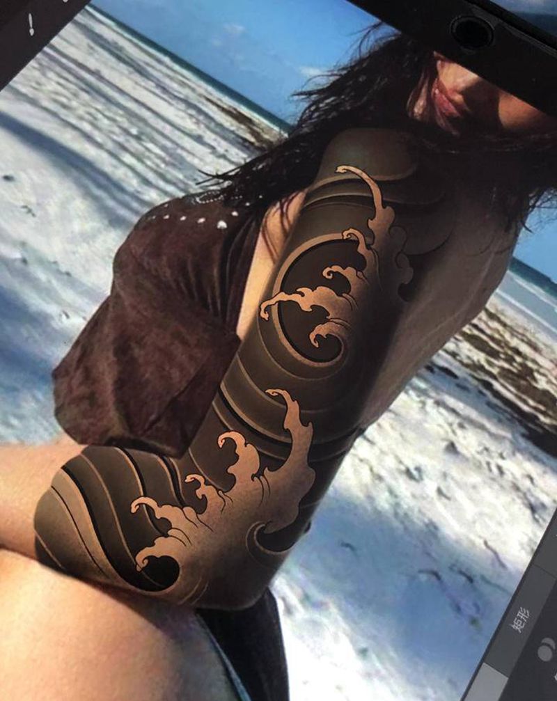 水浪臂纹身图片_手臂肩部老传统新传统水浪浪花纹身图案