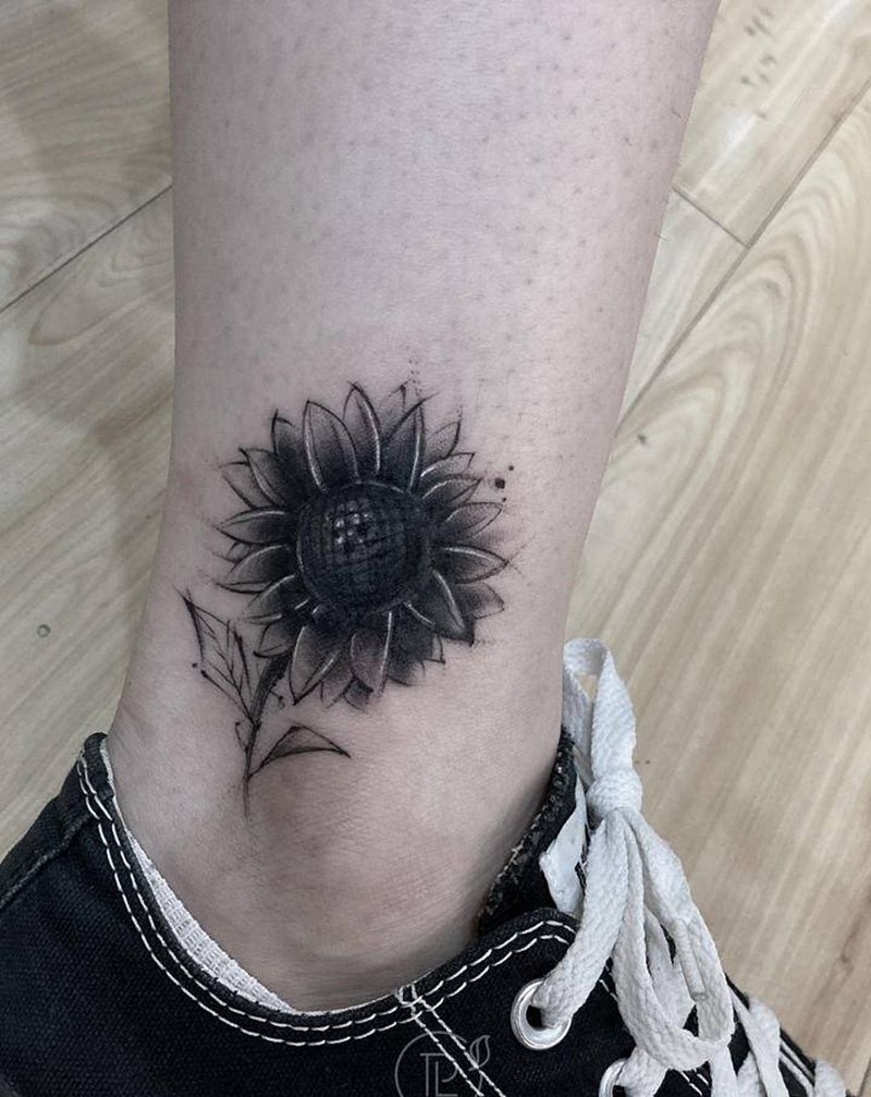 脚踝向日葵纹身遮盖纹身图片_脚部腿部纹身图案