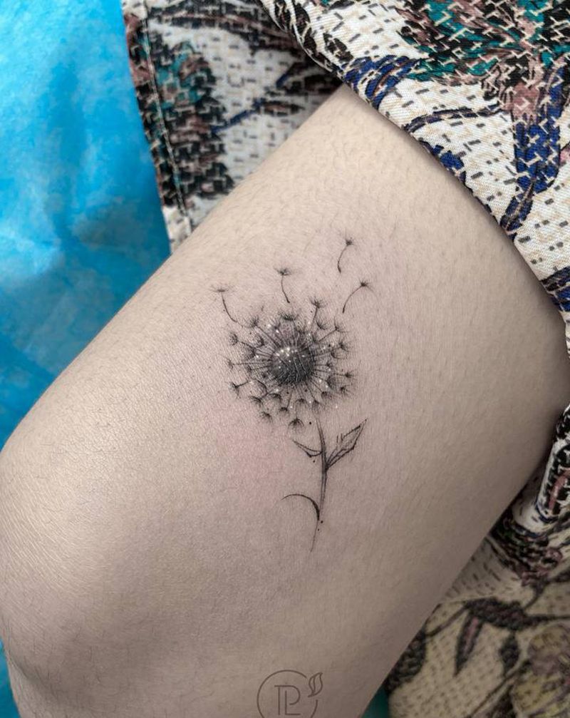 蒲公英遮盖纹身图片_腿部纹身图案