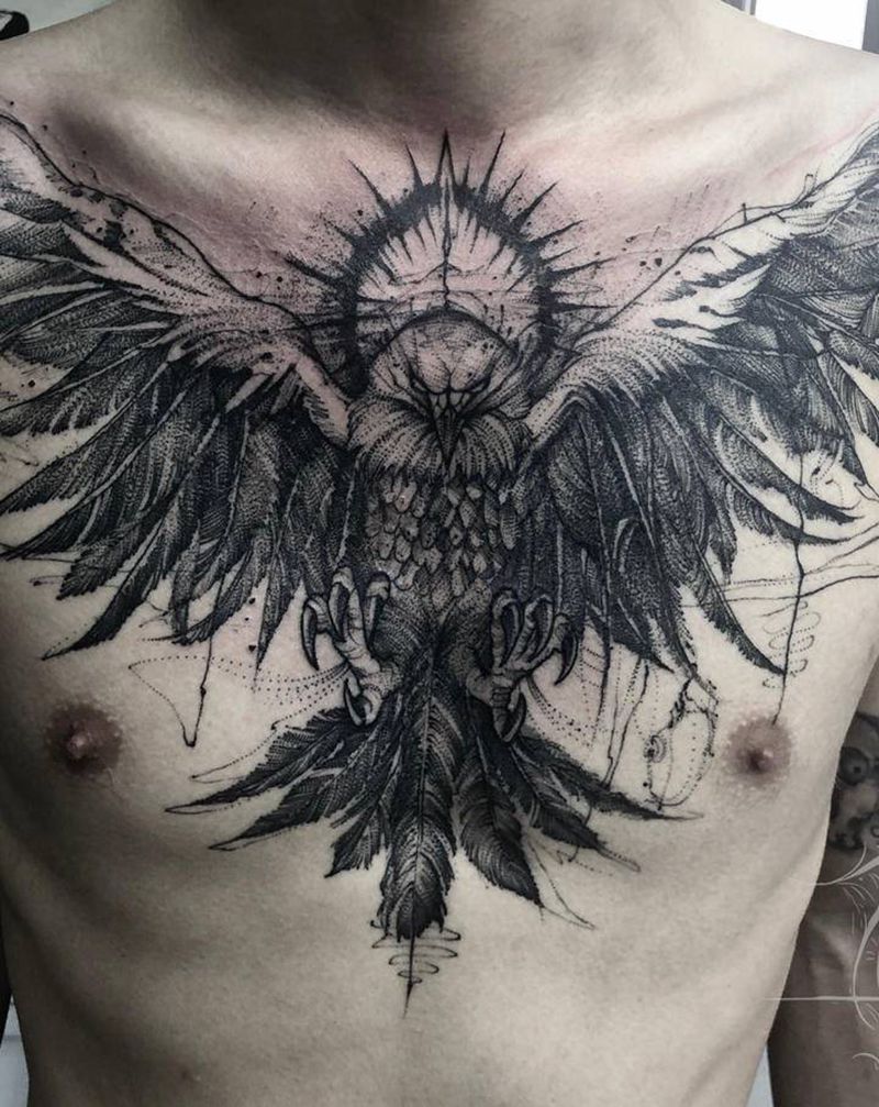 暗黑风：鹰纹身图片_胸部背部几何点刺动物暗黑纹身图案