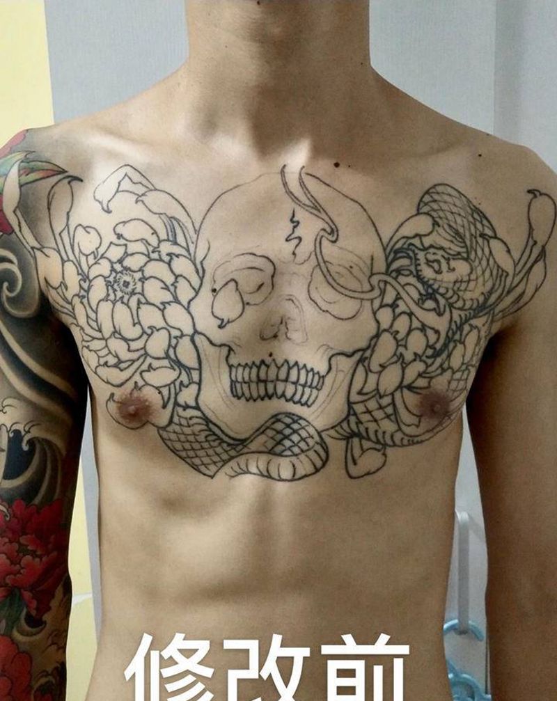 花胸修改作品纹身图片_胸部腹部新传统老传统纹身图案
