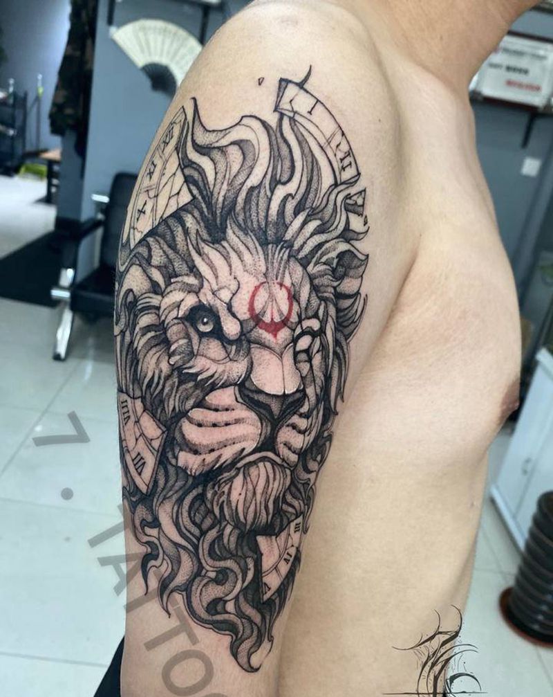 狮子纹身图片_手臂腿部点刺几何点刺几何动物纹身图案