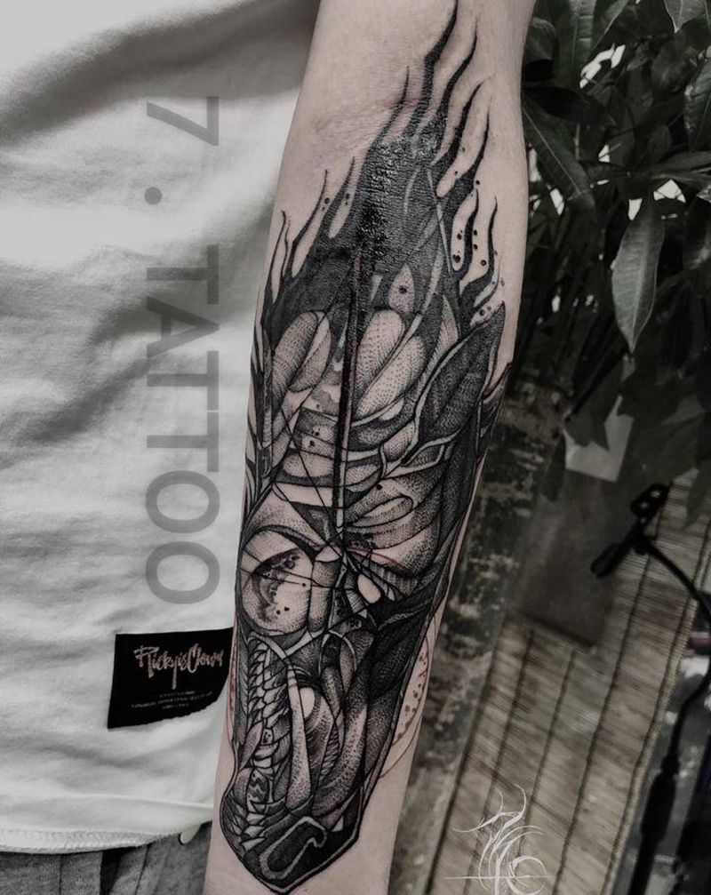 野马纹身图片_手臂脚部点刺几何遮盖暗黑动物纹身图案