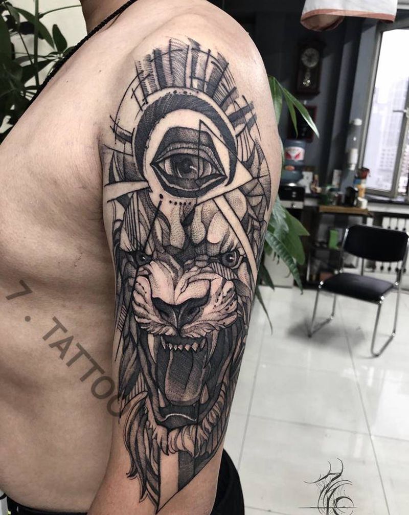 上帝之眼#狮子纹身图片_手臂腿部点刺几何狮子点刺纹身图案