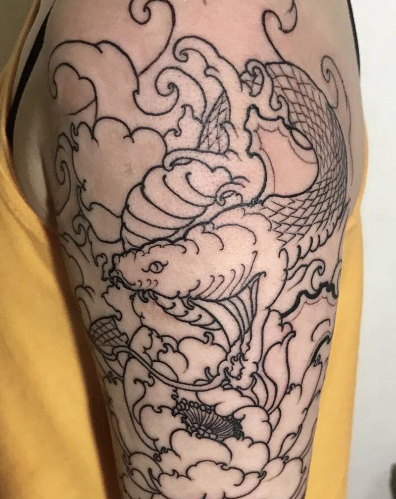 未完成牡丹蛇纹身图片_手臂新传统纹身图案