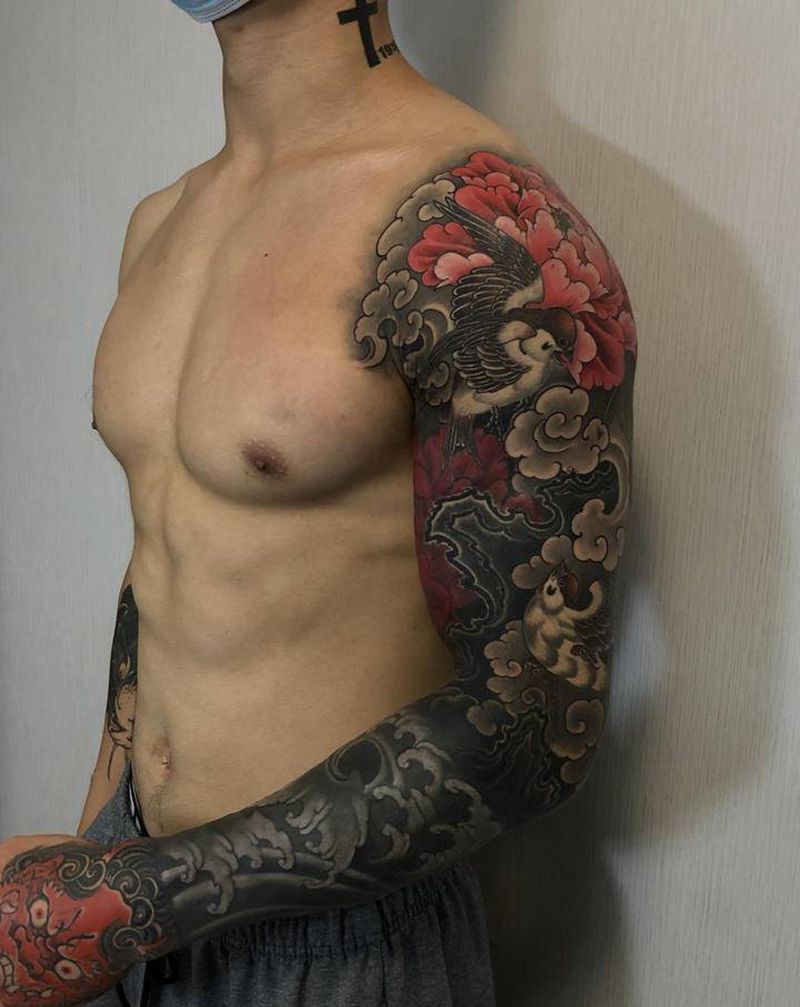 修改添加黑臂纹身图片_手部手臂老传统新传统牡丹鸟水浪纹身图案