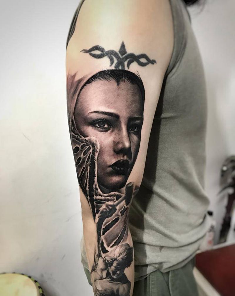 生命…纹身图片_手臂手部欧美写实修女DNA绘画写实纹身图案