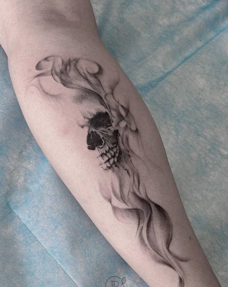 小腿骷髅纹身图片_腿部欧美写实纹身图案