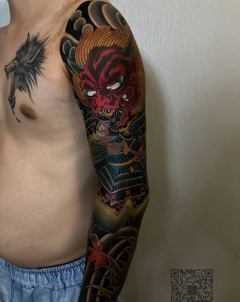 花臂遮盖修改纹身图片_手部手臂老传统武士 遮盖纹身图案