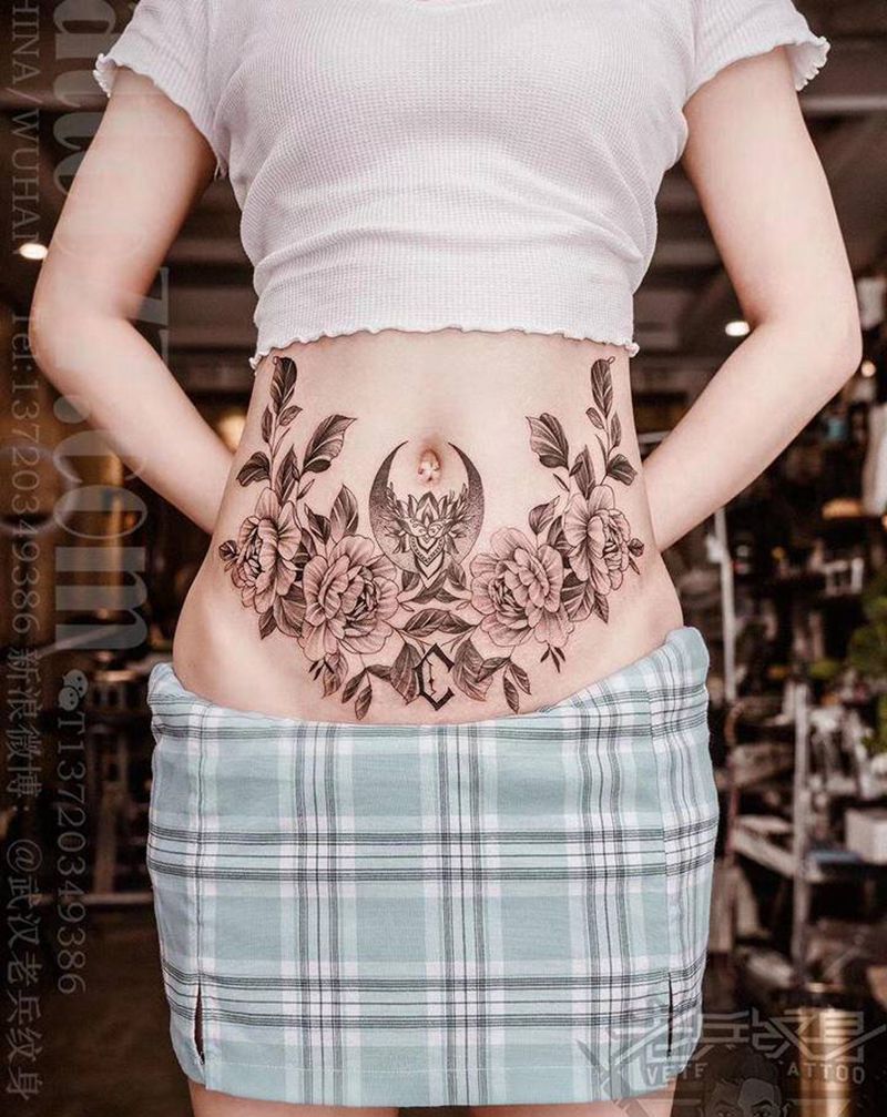 妊娠纹遮盖纹身图片_腹部点刺欧美写实纹身图案