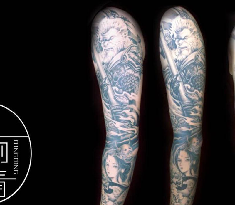 传统齐天大圣花臂纹身纹身图片_手臂新传统艺妓孙悟空菊花纹身图案