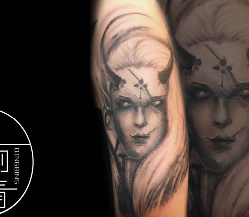 暗夜女郎纹身图片_手臂欧美写实暗黑女郎纹身图案