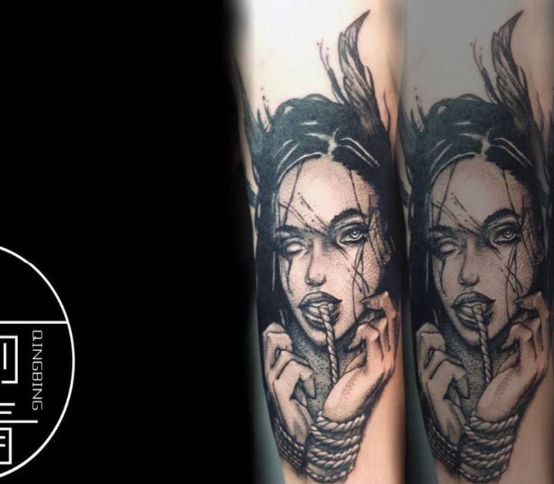 暗黑遮盖，图三是遮盖的旧图纹身图片_手臂欧美写实遮盖女郎暗黑纹身图案