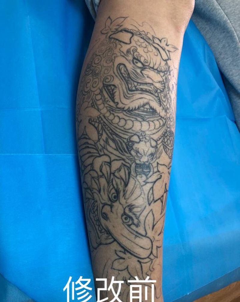 修改作品纹身图片_脚部腿部老传统新传统唐狮纹身图案