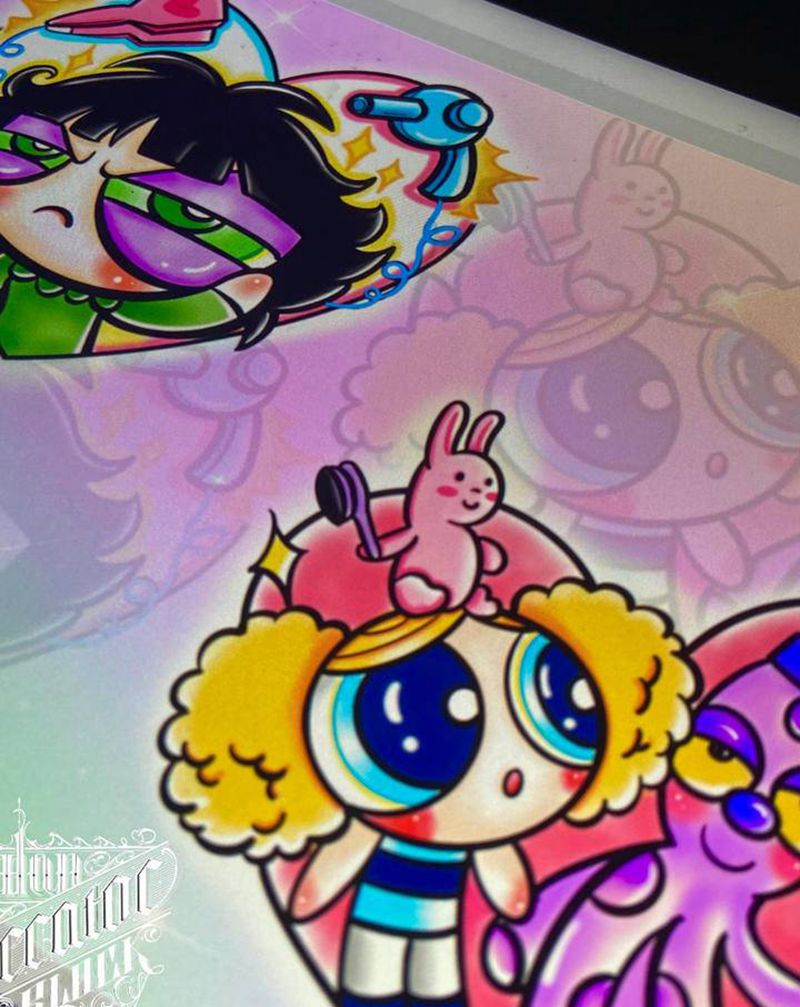 原创手稿”飞天小女警纹身图片_手臂手部New School卡通飞天小女警爱心纹身图案