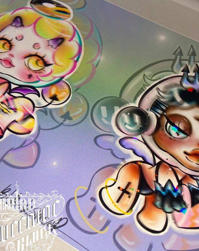 原创手稿”sp假天使&假恶魔纹身图片_手臂腿部New School盲盒潮玩卡通skullpanda纹身图案