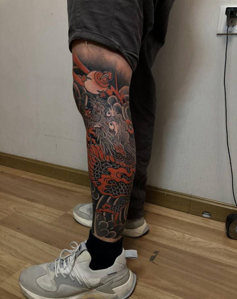 包小腿龙纹身图片_腿部脚部老传统新传统龙纹身图案