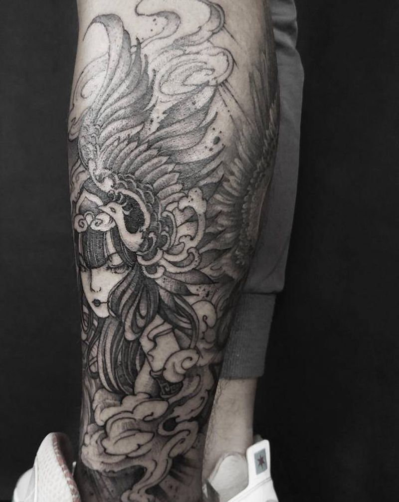 凤凰人物纹身图片_腿部点刺凤凰插画人物纹身图案