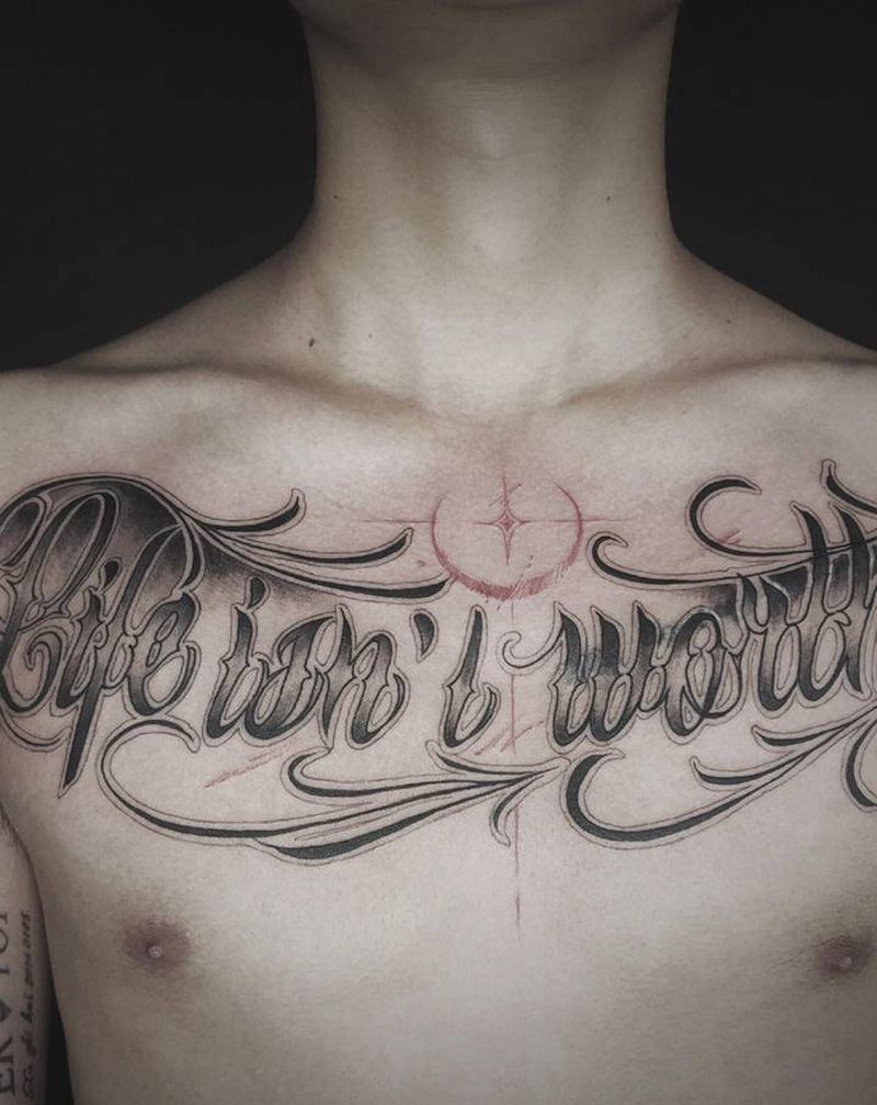 花体字——遮盖纹身图片_胸部花体字定制设计花体字红黑纹身图案
