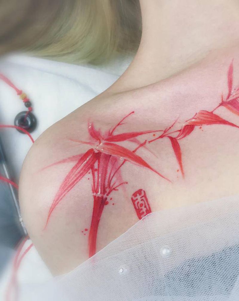 雨·竹纹身图片_胸部水彩水墨竹子水墨定制纹身图案