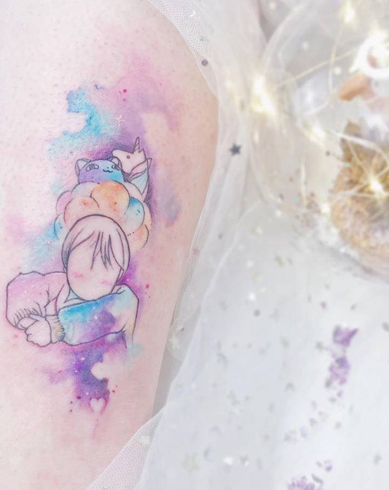 肖像定制——遮盖纹身图片_腿部水彩水墨肖像定制水彩独角兽纹身图案