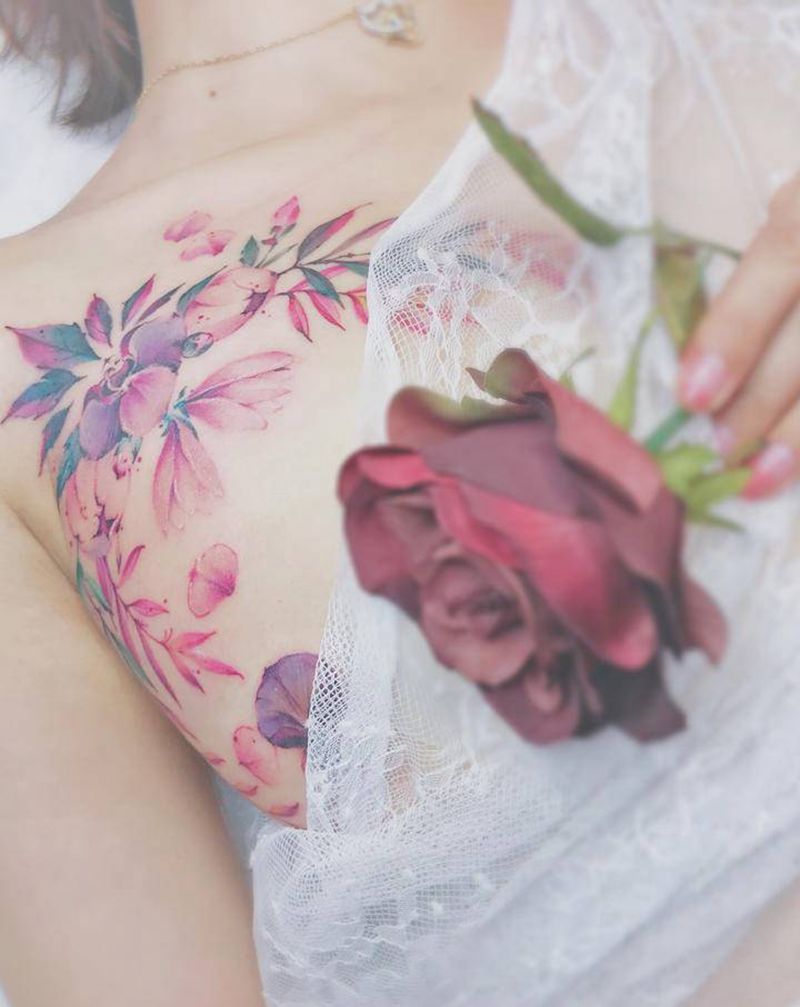 花卉——遮盖纹身图片_胸部水彩花卉遮盖定制纹身图案