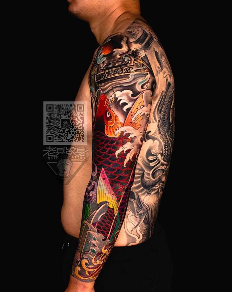 花臂鲤鱼跃龙门纹身作品纹身图片_手臂新传统纹身图案