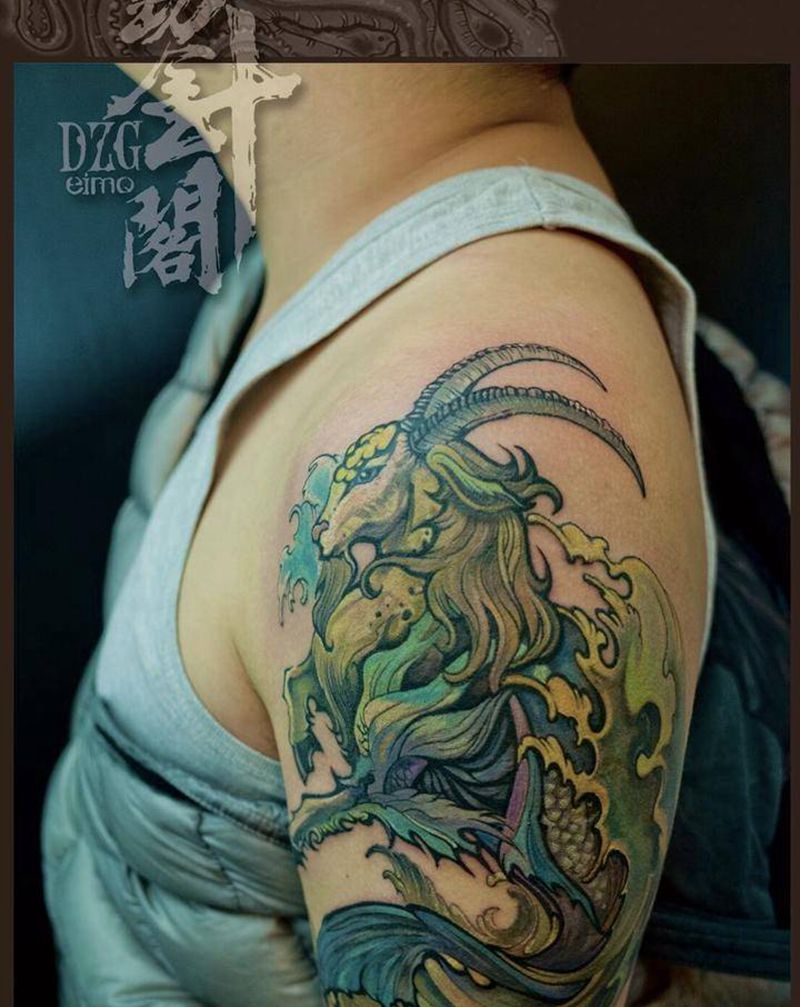 摩羯座纹身图片_手臂新传统New School摩羯座浪羊头纹身图案