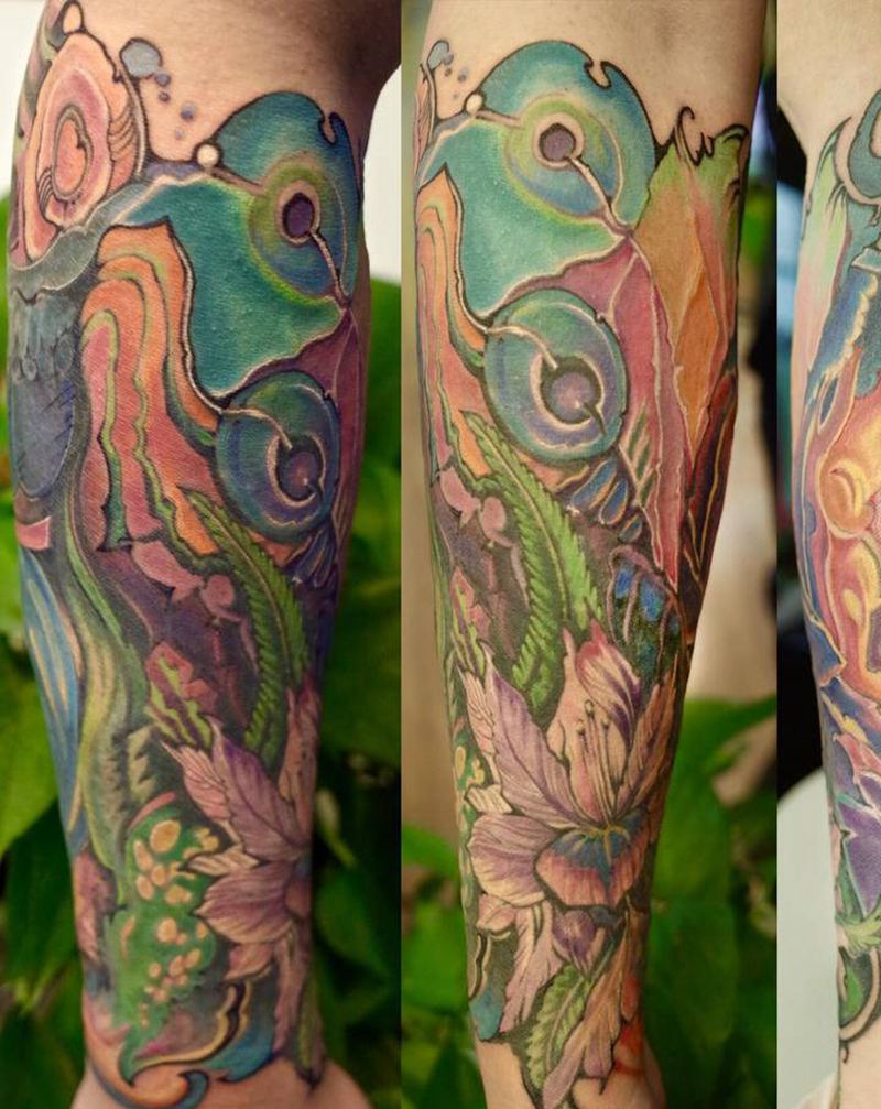 生命力纹身图片_New School水墨热带雨林食人花鹦鹉纹身图案