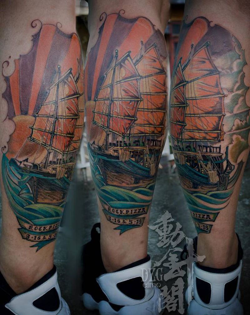 中国帆纹身图片_腿部New School帆船夕阳海浪纹身图案