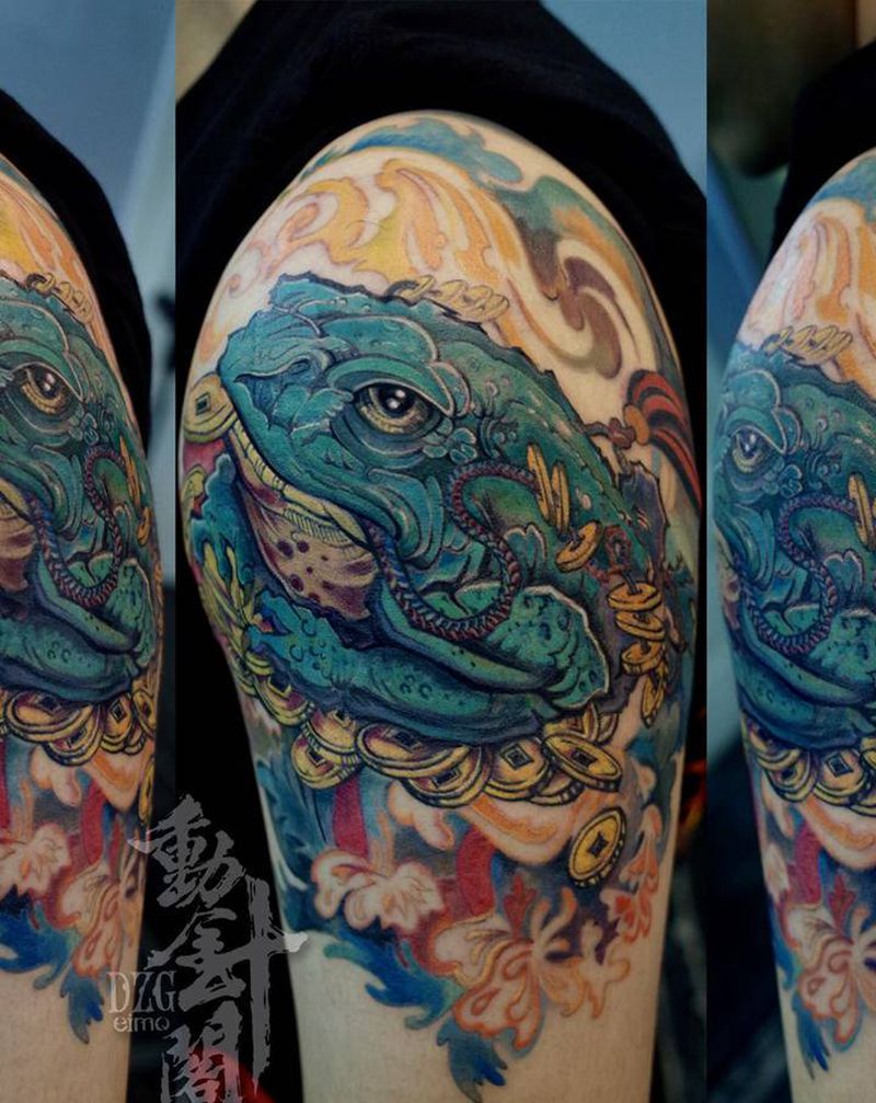 金蟾纹身图片_手臂新传统蟾蜍金蟾铜钱纹身图案