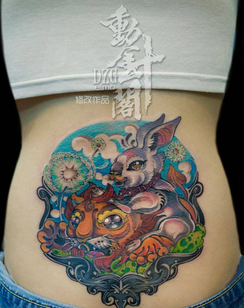 “我们”纹身图片_背部New School兔子狮子蒲公英纹身图案