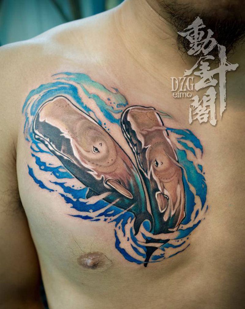 twins纹身图片_胸部New School抹香鲸海洋纹身图案