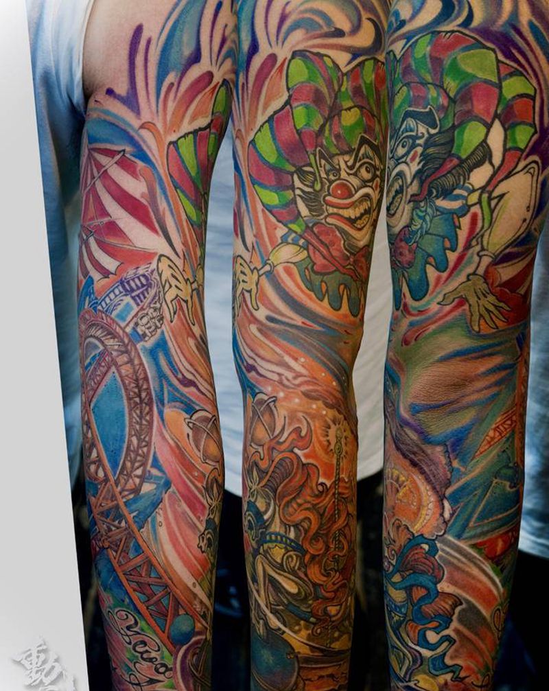 马戏团纹身图片_手臂New School小丑旋转木马过山车纹身图案