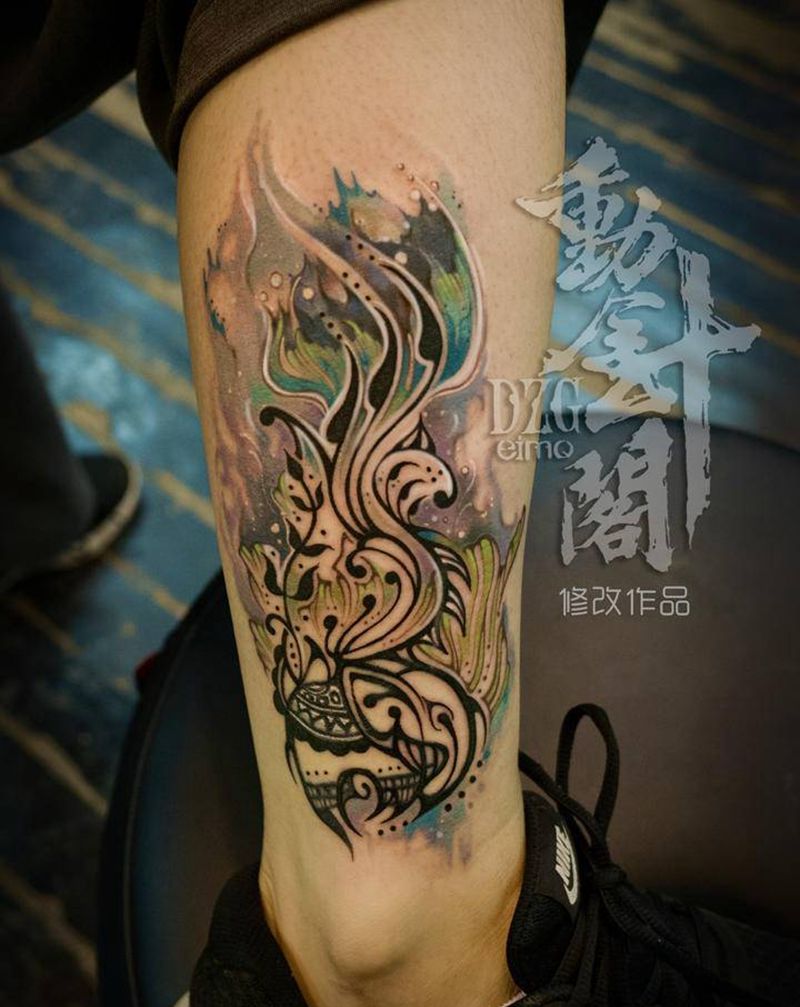 淹灭纹身图片_腿部水彩图腾大象烟火纹身图案