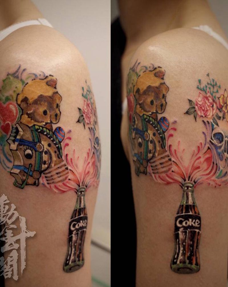 儿子名字叫可乐纹身图片_手臂New School可乐玩具纹身图案