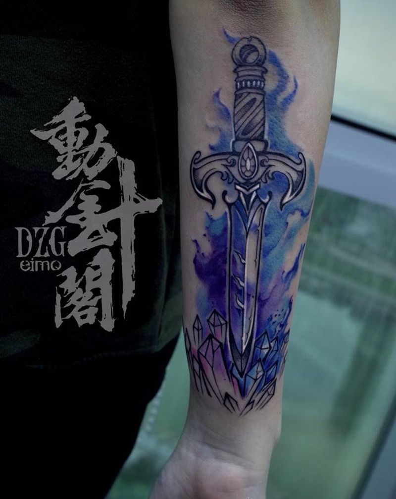 寒之刃纹身图片_手臂水彩匕首剑纹身图案