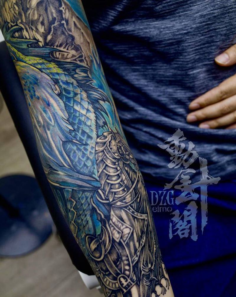 冰役纹身图片_手臂New School欧洲龙城堡战马纹身图案