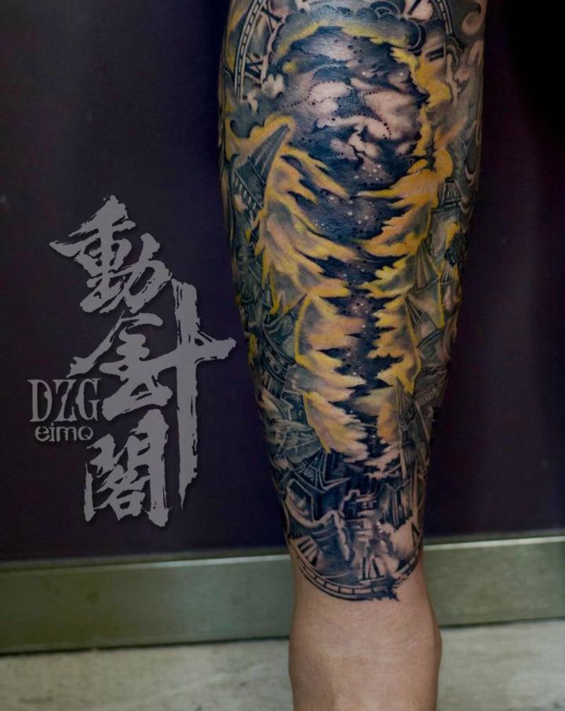 毁灭之神纹身图片_腿部点刺希腊神话纹身图案