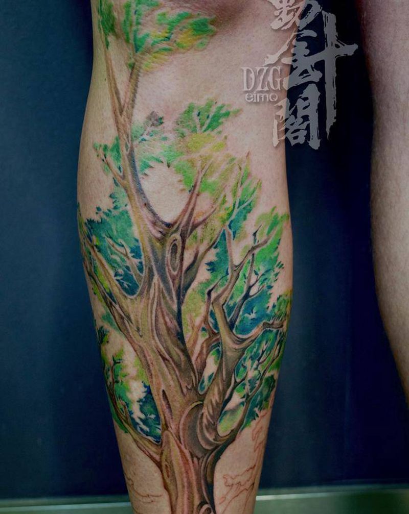 树纹身图片_腿部水彩树纹身图案