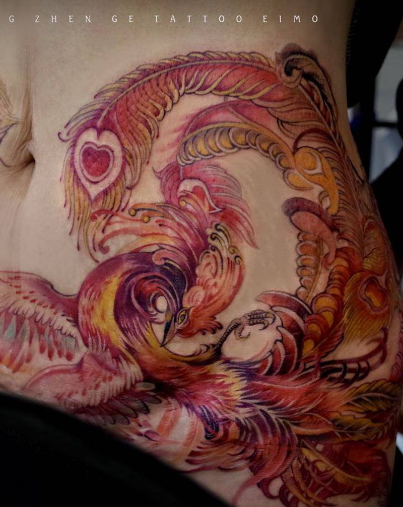 火舞纹身图片_腹部水墨凤凰纹身图案